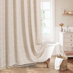 MitoVilla Boho Boerderij douchegordijn set, moderne katoenen linnen stoffen stoffen douchegordijnen voor neutrale landelijke badkamer decor, bruin Boheems rustiek, taupe, 182 x 182 cm