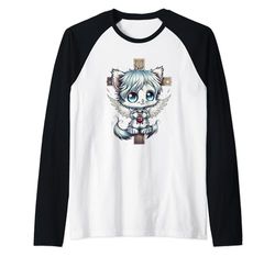 Gatito Ángel Santo Gato Fe Dios Religión Celestial Ronroneo Camiseta Manga Raglan