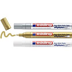 edding 750 gloss paint marker - white, gold, silver - set of 3 paint markers - round nib 2-4 mm - paint pen for glass, pebbles, wood, plastic, paper - waterproof, high coverage