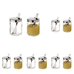 APS pots à moutarde, lot de 10, pots à moutarde transparents avec cuillère et couvercle en acier inoxydable, 4,8 x 4,8 cm, hauteur 6,3 cm