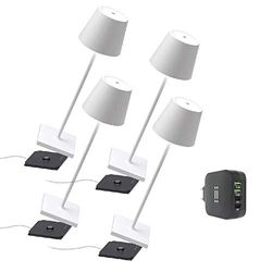 [Amazon Exclusive] Zafferano Poldina Pro Kit 4x Lámpara Portátil, Cargador USB cuádruple Aiino para Cargar Simultáneamente Lámpara/Smartphone, LED regulable, Base de Carga por Contacto, H38cm - Blanco