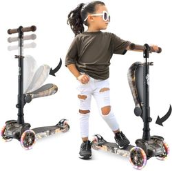 Hurtle Patinete niño 3 Ruedas, Juguetes niños 2 años en adelante, con Asiento abatible, Altura Ajustable, monopatin 2 en 1, Luces Intermitentes, Color Arbol Real