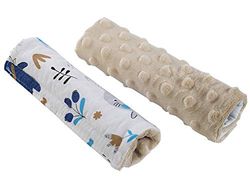 Medi Partners Bälteskudde, axelkudde för barnvagnar, barnbilstolar, baby, 100% bomull, minky 1 par, 18 x 13 cm, dubbelsidig buggy sportbil, bil (boho, djur med beige minky)