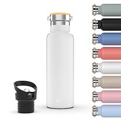 DAIKOKU fles, dubbelwandige roestvrijstalen thermosfles, thermosfles die drank urenlang warm of koud houdt, twee doppen, wit, 1 L