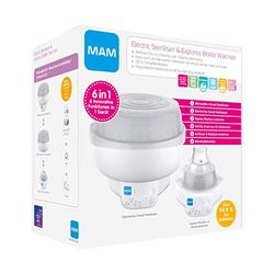 MAM Sterylizator 6 w 1 i Express podgrzewacz do napojów dla niemowląt, podgrzewacz do butelek, w zestawie 1 x butelka MAM Easy Start Anti-Colic (160 ml), 1 x smoczek MAM Start i 1 szczypce