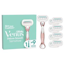 Gillette Venus Deluxe RASOIO DONNA Smooth Sensitive, 1 Manico e 9 LAMETTE DONNA da 5 Lame, Rasatura Veloce, Efficace e Profonda, Skin Cushion, idea regalo