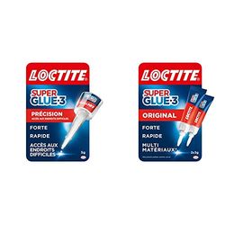 Loctite Super Glue-3 Précision, colle forte pour réparations précises, colle liquide tous matériaux, flacon 5 g & Super Glue-3 Original, colle forte et résistante de haute qualité, 2 tubes 3 g