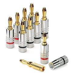conecto Fiches bananes professionnelles, pour tous les câbles de haut-parleur d'un diamètre maximum de 6 mm², 8 pièces avec anneau coloré tout autour, rouge/noir, fiches plaquées or 24 carats, argent