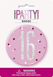 Unique Party 83529 Roze Nummer 16" Verjaardagsbadge Zilver | 1 Stk, Leeftijd