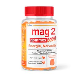 MAG 2 - Gommes BOOST - Magnésium, taurine, vitamines B6 et C - Anti-nervosité et anti-fatigue - Sans sucres ajoutés -Arôme naturel de mandarine - Complément alimentaire - 45 gommes