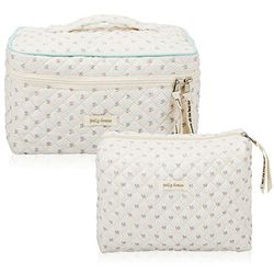 Zeyune 2 Bolsas de Maquillaje Acolchadas de algodón, Bolsa de Maquillaje de Coqueta, Bolsa de Maquillaje estética, Bonita Bolsa de Maquillaje de Oso Floral de Cereza para Mujeres y niñas, Beige,