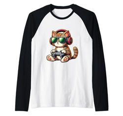 Divertente gatto gamer in occhiali da sole e cuffie carino gamer bambini Maglia con Maniche Raglan