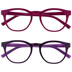 Opulize Blu Reading Glasses with Blue Light Blocking 2 Pack Cool Round Frame Spring Hinges Improve Sleep Computer Gaming Anti-Reflective Pink Purple Mens Womens BB5-45 +1.50