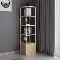Modernt bokstöd, vit & ek 39 x 39 x 160 cm | 100% melaminbelagd partikelbräda, 18 mm tjock, robust metallram | Snygg förvaring för hem och kontor