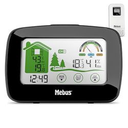 MEBUS funkgesteuerte Wetterstation mit Außensensor, Thermometer/Hygrometer (innen/außen), Wohlfühlindikator bewertet Raumklima, Min-/Max-Funktion, Displaybeleuchtung, Farbe: Schwarz, Modell: 40902