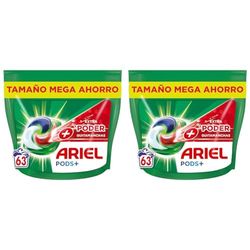 Ariel All-in-One Detergente Lavadora Liquido en Capsulas/Pastillas, 63 Lavados, Jabon Limpieza Profunda, Mas Poder Extra Quitamanchas (Paquete de 2)