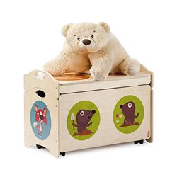 Dida - i Pancotti, Banc à Jouets Multifonctionnel en Bois avec Roues et Couvercle, Décoré de Motifs de Renards, Taupes et Mouffettes, Conteneur Spacieux et Polyvalent pour la Chambre des Enfants
