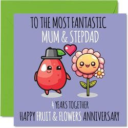 Bonita tarjeta de aniversario de lino para mamá y padrastro, 4 años juntos, tarjetas de felicitación para el cuarto aniversario de boda para padrastro, 145 mm x 145 mm, tarjetas de felicitación para