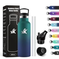 KollyKolla Botella Termica Niños 500ml, Botella Agua con Pajita, Fácil de Limpiar, Reutilizable, Cantimplora Termica, Sin BPA, a Prueba de Fugas, para Niña, Niño, Escuela, Camping, Colegio, Viaje