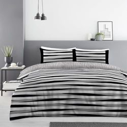 Stripe Duvet Cover Set Single - Reversible Complete Bedding & Linen With Pillow Case & Fitted Sheet - Polycotton Breathable Quilt Cover Set