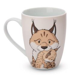 Mok Lynx & Lemur 310 ml 8x10 cm met banderole beige - Theekop Koffiekop met handvat voor koude en warme dranken - Geweldig cadeau-idee