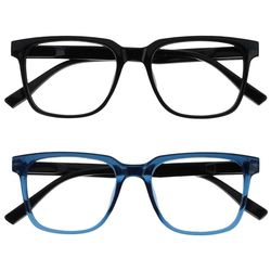 OPULIZE LEO Occhiali da lettura - Pacco da 2 - Montatura rettangolare grande - Nero, Blu - Uomini Donne - Cerniere a molla - RR55-13 - +3.50