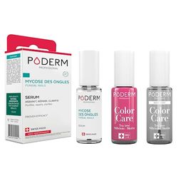 PODERM - LOT 3 PRODUITS | MYCOSE ONGLES TRAITEMENT PURIFIANT + Vernis FRAMBOISE Tea Tree + Base Coat Tenue Parfaite | Soigne, Colore et Camoufle les Ongles Jaunes et Abîmés | Swiss Made