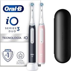 Oral-B Spazzolino Elettrico Ricaricabile iO 3N, Sensore di Pressione, Timer Anello Luminoso, 3 Modalità di Spazzolamento, 2 Testine, 2 Spazzolini, 1 Custodia Viaggio, Nero e Rosa, Idea Regalo