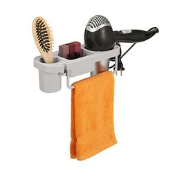 Relaxdays Support à sèche-Cheveux sans perçage, Plastique, Porte-Fil et étagères, HxLxP : env. 9x30x10,5 cm, Gris