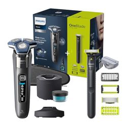 Philips Shaver Series 7000 - Rasoio elettrico Wet & Dry con tecnologia SkinIQ cromato scuro con rifinitore a scomparsa, Quick Clean Pod e cartuccia, OneBlade Philips (modelli S7887/78 e QI1864/20)