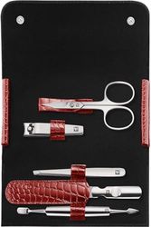 Zwilling Set manicure, 5 pezzi, per la cura delle unghie delle mani e dei piedi, custodia in vera pelle, acciaio inossidabile lucidato, edizione coccodrillo, rosso