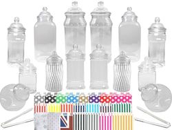 14 Plastic Sweet Jars, 7 Styles, 2 Tongs and 50 Bags. Ideal for Party, Wedding, Sweet Table, Candy Buffet (Silver Snowflake Bags)