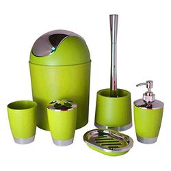 Bathlux Modern Design 6 Piece Bathroom Accessory Set, Toilet Brush, Waste Bin, Soap Dish, Tooth Brush Holder Soap Dispenser, Rinse Cup (Green)