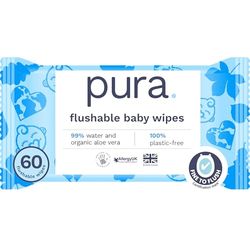 Pura Eco Flushable Baby Wipes - 1 Pack (60 Wipes) 100% Plastic Free, 99% Water, Suitable for Sensitive, Eczema Prone Skin, Newborn Baby & Toddlers, Biodegradable, Vegan, Potty Training