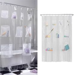 Zenna Home Malha cortina de duche PEVA e organizador de casa de banho com 9 bolsos de armazenamento, vinil, forro transparente, 70 polegadas x 72 polegadas