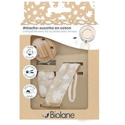 BIOLANE - Opaska na smoczek dla niemowląt - Do smoczka z pierścieniem - 100% bawełna - Beżowy - Mocowanie sznurka - Drewniany i metalowy klips - Podwójne zabezpieczenie i antypoślizgowość