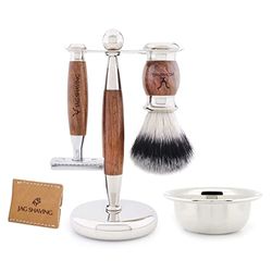 Jag Shaving Set - JAG's LEE Range 5-Piece Shaving Set - Synthetic Silver Tip Hair Shaving Brush - Double Edge Safety Razor - Shaving Stand - Leather Bag for Safety Razor - Safety Bowl - Wood Set