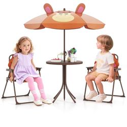 FANTASK Ensemble de 4 sièges d'extérieur pour Enfant avec Parasol et 2 chaises Pliantes, pour Le Camping (Marron)