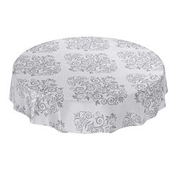 ANRO – Nappe Ronde en Toile cirée Lavable – Gris Clair – Motif Baroque – avec arabesques – Ronde 140 cm