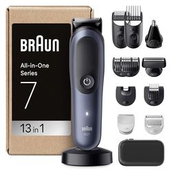 Braun Rifinitore All-In-One Series 7 AIO7565, Rasoio Elettrico Barba E Capelli 13In1 Con Lama ProBlade E Tecnologia AutoSense, 120 Min. Di Autonomia, Pettini Aree Sensibili E Sfumatura, Wet&Dry, Blu