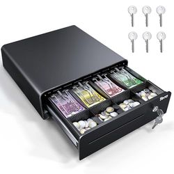 Tera Tiroir-caisse 13 pouces : ouverture automatique avec 6 clés Version lourde 4 compartiments à billets 4 compartiments à monnaie Compartiment à monnaie Tiroir multimédia 24 V RJ12 Serrure à clé