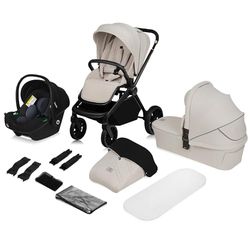LIONELO MIKA PLUS 3 en 1 Poussette 0 à 48 mois jusqu'à 22 kg Nacelle jusqu'à 9 kg, Siège Auto Nacelle, Réglage du Dossier, Amortisseurs, Roues 360° en PU Auvent XXL (Beige)