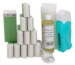 EpilWax - Kit Chauffe Cire Épilation Professionnelle avec 12 x Recharges Roll on Cire à l’Aloé Vera, 100 x Bandes d'Épilation et Huile après Épilation - Gamme Solo
