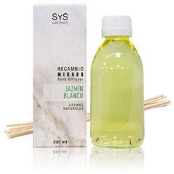 SYS Aromas ambientador de substituição Mikado Jasmim branco - nota floral fresca - recarga para difusor com varetas - longa duração - ideal para casa, escritório, casa de banho - 200 ml com 8 hastes