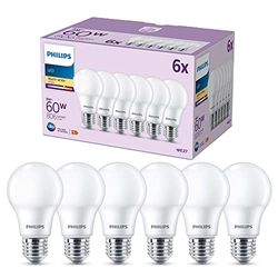 Philips LED Frosted A60 Light Bulb 6 Pack [Warm White 2700K - E27 Edison Screw] 60W, Non Dimmable. for Home Indoor Lighting
