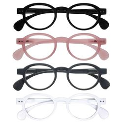 OPULIZE OCA Gafas de Lectura - Pack de 4 - Montura Moderna Retro Redonda - Negro, Rosa, Gris, Blanco - Hombre Mujer - Bisagras de Muelle - RRRR54-147W - +2.50