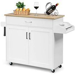 COSTWAY Carrito de Cocina con toallero y Tabla para Especias, Isla de Cocina con cajón y Estante Regulable en Altura, Armario de Cocina con Ruedas, Carrito de Madera para Servir (Blanco)