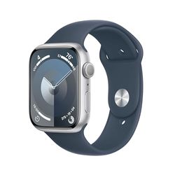 Apple Watch Series 9 (GPS 45 mm) Smartwatch - Kast van zilverkleurig aluminium - Stormblauw sportbandje S/M. Conditie bijhouden, Saturatie-app en Ecg-app, Always-on Retina-display, waterbestendig