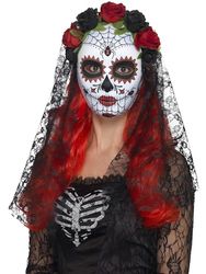 Smiffys Day of the Dead Senorita-mask, helansikte, röd & Bl med rosor och slöja, ögonmaskar, fin klänning, halloween utklädningsmasker
