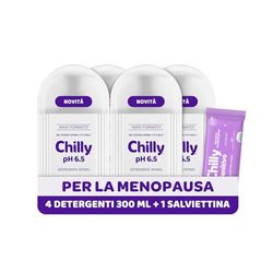Chilly, Detergente Intimo pH 6.5, Nutriente per la menopausa, con Complesso Anti-Odor Igiene Intima, Con acido ialuronico dalle proprietà idratanti, pH 6.5, Clinicamente Testato, 4 Pezzi da 300 ml